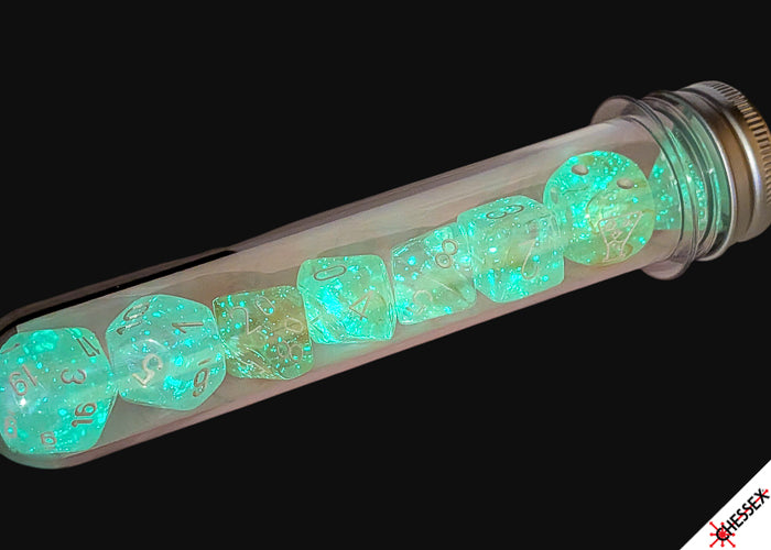Borealis Champagne/white Luminary Polyhedral 7-Dice Set (with bonus die)