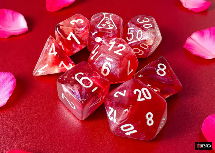 Borealis Passion/white Luminary Polyhedral 7-Dice Set (with bonus die)