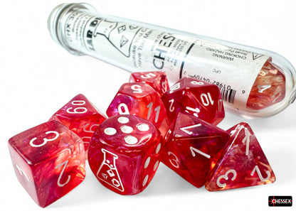Borealis Passion/white Luminary Polyhedral 7-Dice Set (with bonus die)