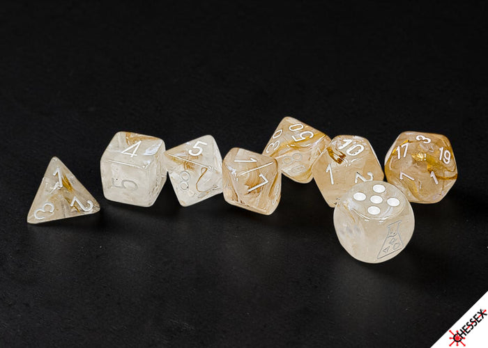 Borealis Champagne/white Luminary Polyhedral 7-Dice Set (with bonus die)