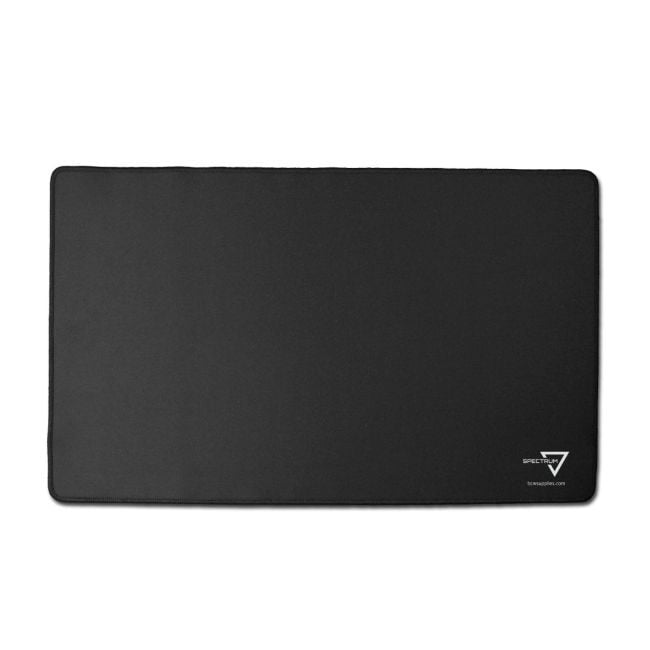BCW black playmat with stitched edging, laid flat, 24 by 14 inches