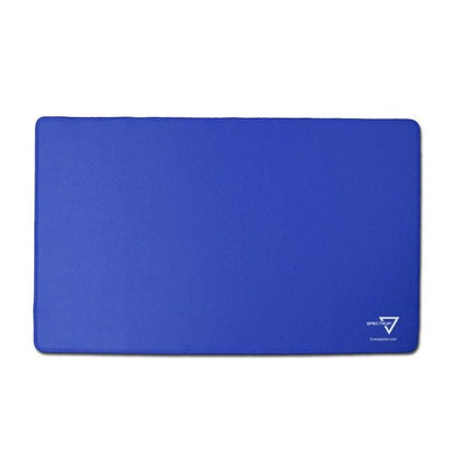 BCW blue playmat with stitched edging, laid flat, 24 by 14 inches