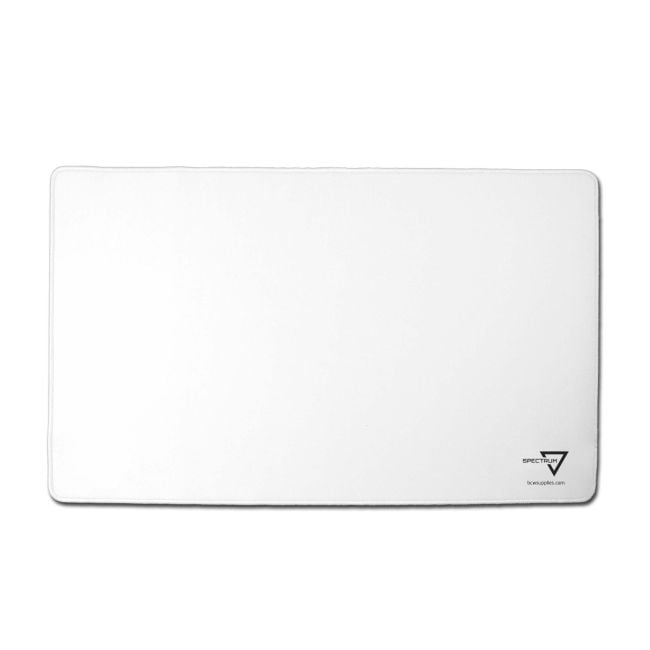 BCW white playmat with stitched edging, laid flat, 24 by 14 inches