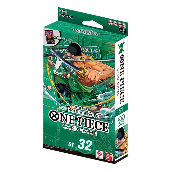 One Piece Card Game Starter Deck ST-32 Green Roronoa Zoro box front, showing Zoro in green on the package art