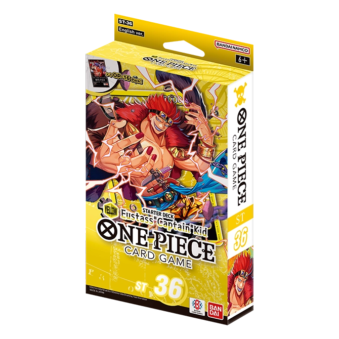 One Piece Card Game Starter Deck ST-36 Yellow Eustass Captain Kid box front, showing Kid in yellow on the package art