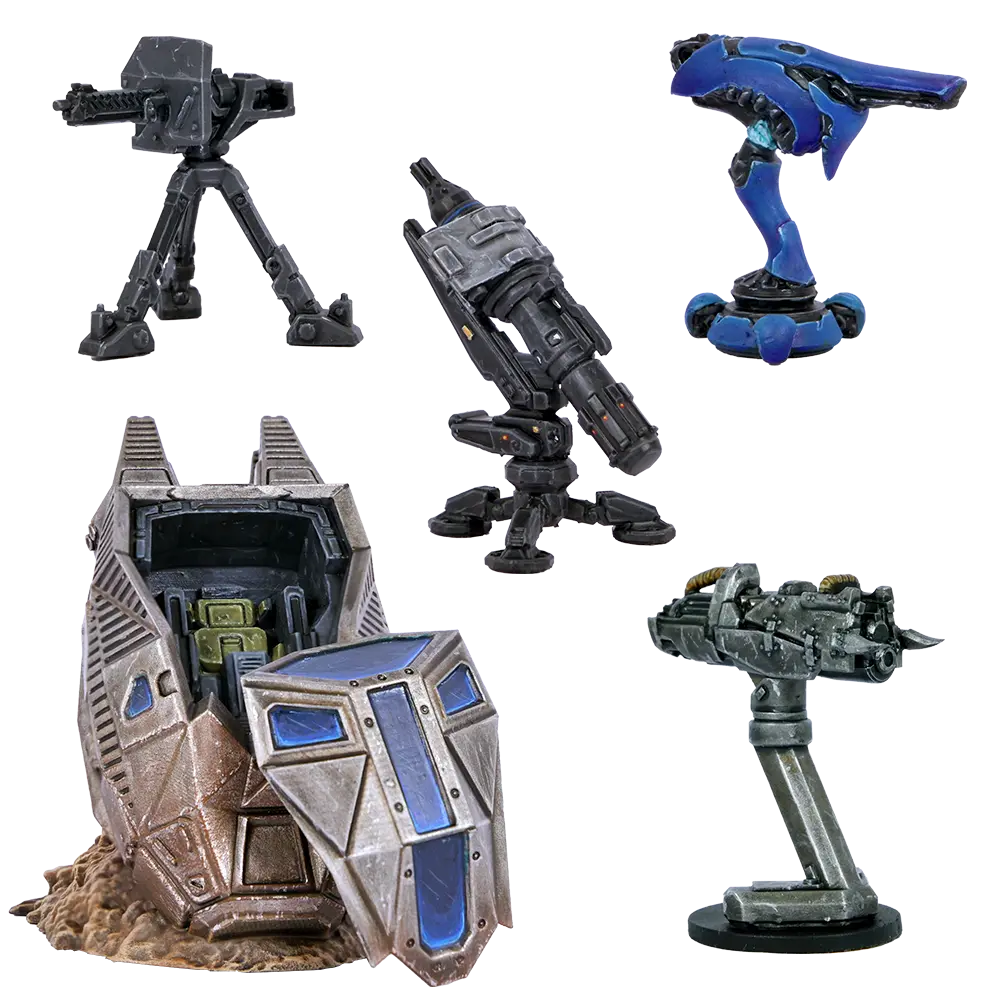 Halo Flashpoint ODST Scenery Set miniatures — ODST Drop Pod with removable door plus Plasma Cannon, Machine Gun, Scrap Cannon and Missile Pod turrets