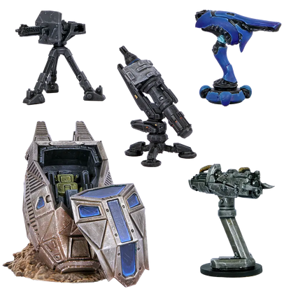 Halo Flashpoint ODST Scenery Set miniatures — ODST Drop Pod with removable door plus Plasma Cannon, Machine Gun, Scrap Cannon and Missile Pod turrets