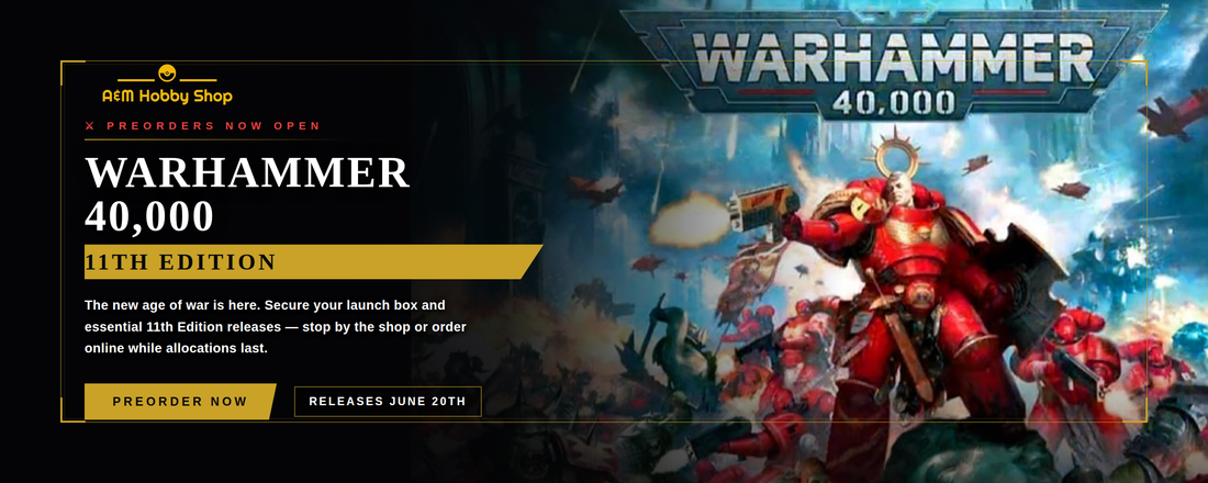 Advertisement for Warhammer 40,000 11th Edition with a red warrior figure and battle scene.